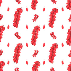 Seamless square pattern with barberry plant. Colorful print pattern with red berries. Cute texture isolated on changeable white back for wrapping paper, fabric. Bunches of barberry in flat style.