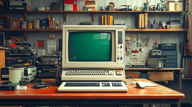 Retro vintage computer setup in an organized workshop, showcasing classic technology from the 80s and 90s