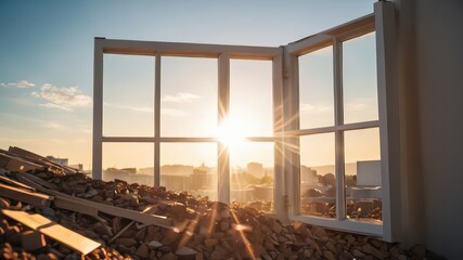New Beginnings A Sunrise Through an Open Window Amidst Demolition Debris