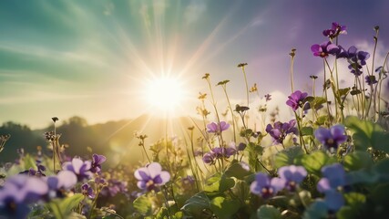 Obraz premium Vibrant purple wildflowers illuminated by a radiant sunrise in a picturesque meadow