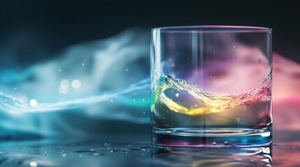 Close-up of a glass of water. the glass is transparent and is placed on a reflective surface. the background is dark and blurred, making the glass the focal point of the image.