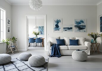 Living room with blue accents art