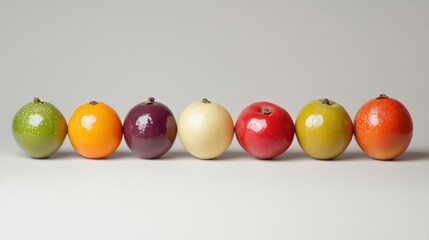 Row of seven apples arranged in a line on a plain white background. the apples are of different colors - green, orange, yellow, red, purple, and white.
