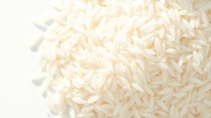 Close-up view of uncooked white rice grains, showcasing their texture and shape