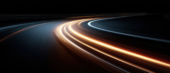 Curved light trails on dark racetrack create dynamic, futuristic scene