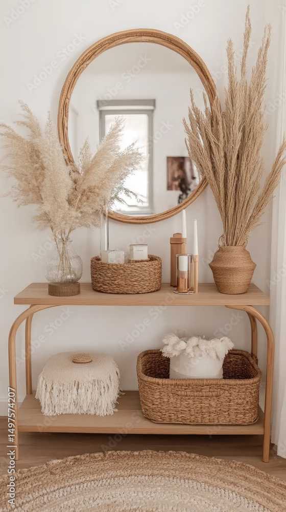 Poster rustic entryway with pampas grass decor. rustic entryway showcasing a decorative console table with 