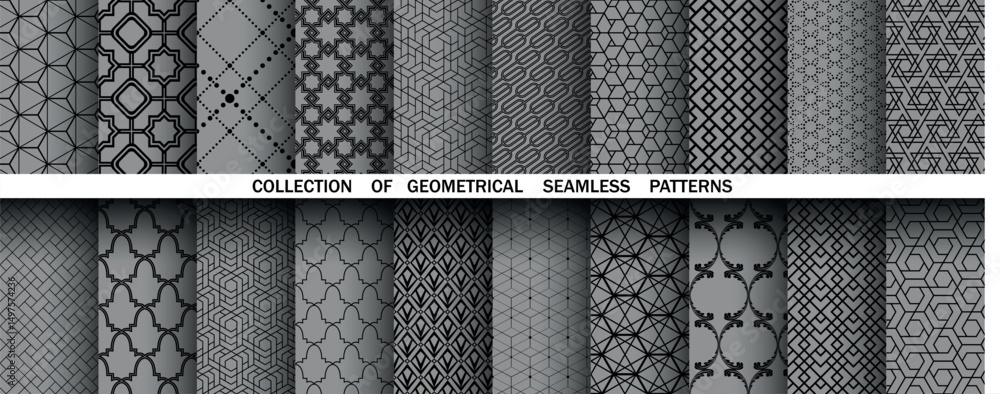 Fototapete Geometric set of seamless black and gray patterns. Simple vector graphics