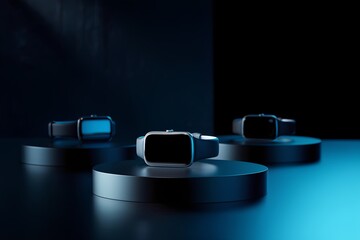 Smartwatches on display with dramatic lighting in a minimalist setting showcasing modern technology and design aesthetics