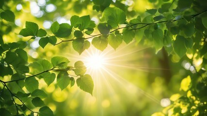 Radiant Sunlight Illuminating Vibrant Green Leaves in a Lush Forest