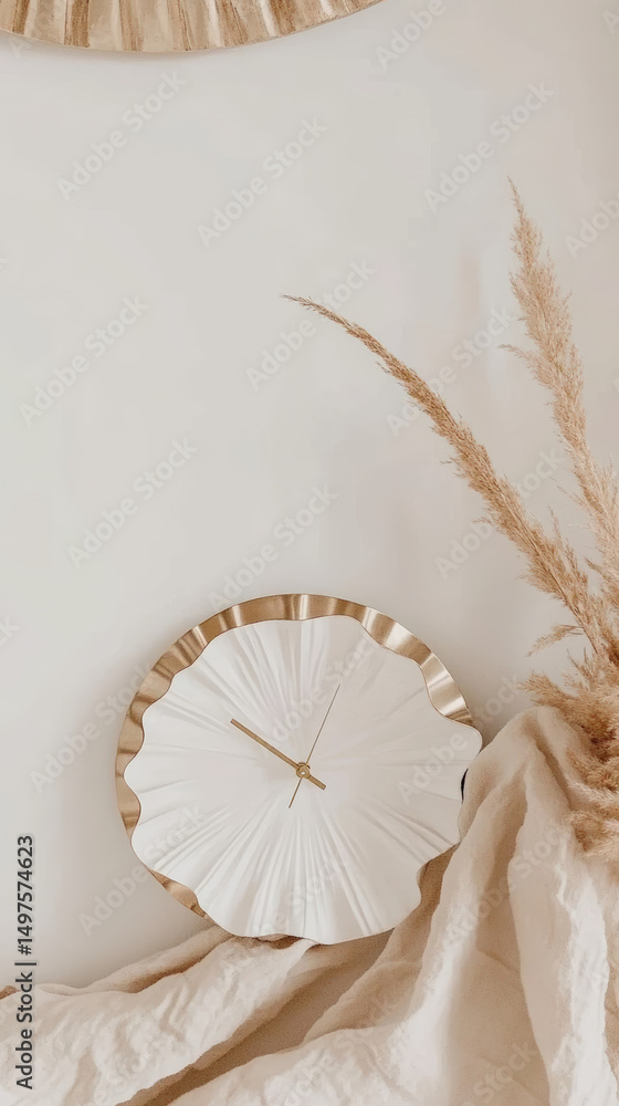 Poster rustic gold and white clock display. an elegant white and gold clock with a unique design rests agai