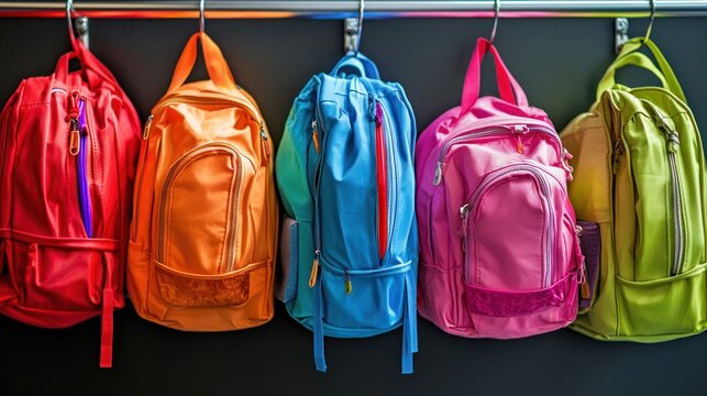 Row of colorful school backpacks hanging on hooks