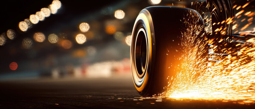 High speed car tire sparks on track at night, creating dynamic energy