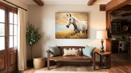 Rustic Ranch Interior Design: A serene horse painting hangs above a cozy bench, adding a touch of rustic elegance to a farmhouse-style interior. The image is perfect for interior design blogs.