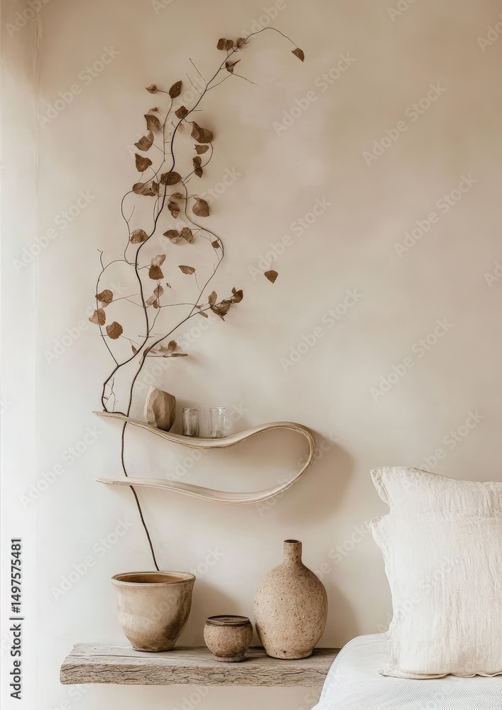 Aufkleber rustic decor with pottery and branch. a rustic aesthetic is on display, featuring a shelf with potte
