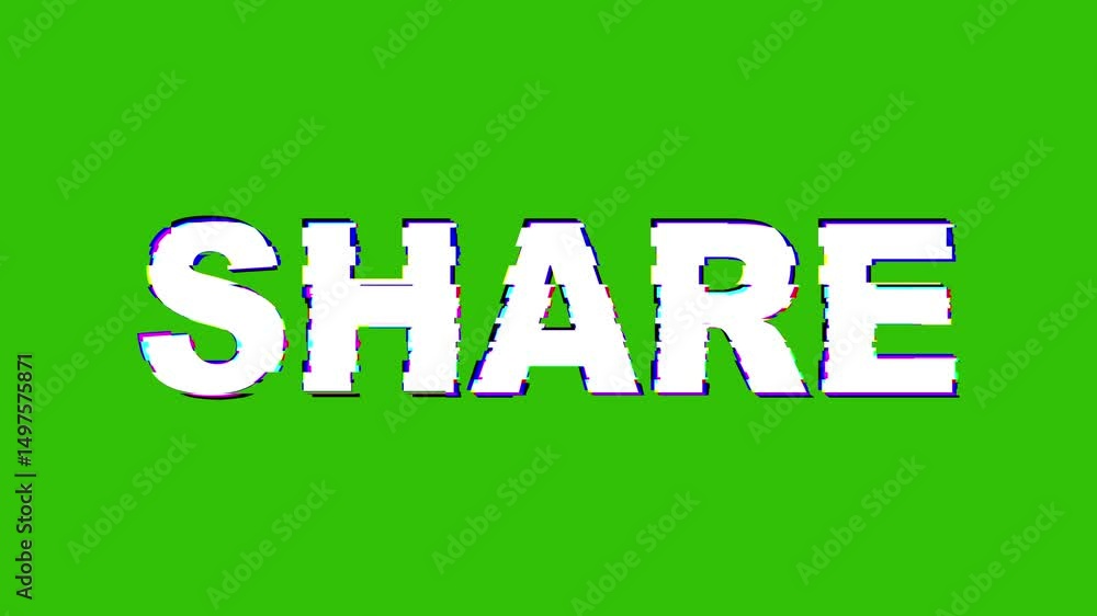 Poster glitch effect on the word 'share' with vibrant colors and distorted imagery on a black background, c