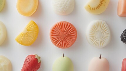 Flat lay of various fruits arranged in a grid-like pattern on a white background. there are nine different types of fruits in total, each with a unique design and color.