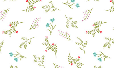 Seamless Hand-Drawn Floral Pattern with Colorful Wildflowers and Leaves