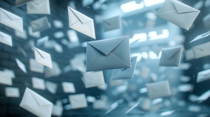 A group of white envelopes floating in a blue and white abstract background.