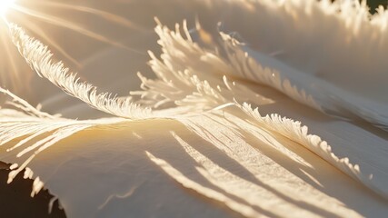 Cream-colored plumes bathed in the warm glow of sunlight, showcasing delicate texture and subtle shadows