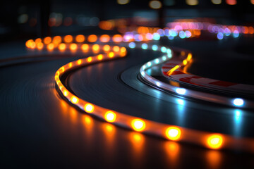 Curved night circuit glowing with vibrant pulse lights