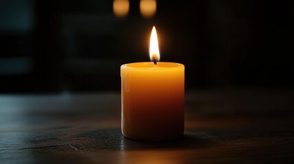 A single lit candle with a yellow flame on a dark wooden table.