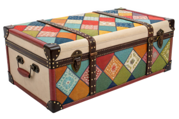 Vintage Style Patchwork Trunk on Beige Canvas with Brown Leather Straps on transparent background, AI Generated