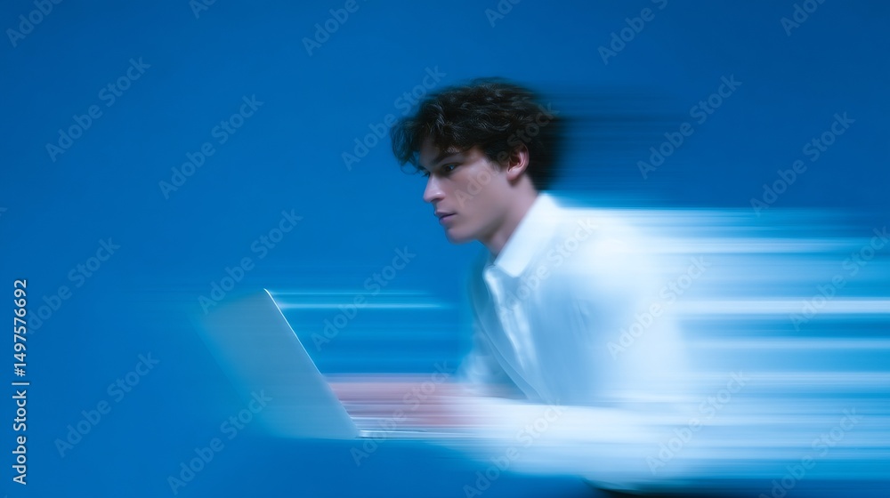 Poster a young man types rapidly on a laptop with a sense of urgency. the blue background adds to the moder