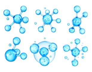 Six abstract blue molecule structures