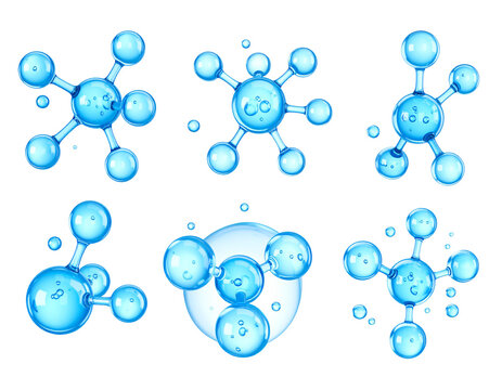 Six abstract blue molecule structures