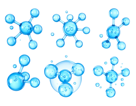Six abstract blue molecule structures