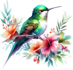 Obraz premium Emerald hummingbird amidst hibiscus blossoms watercolor