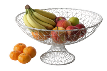Wire Fruit Bowl with Bananas Apples Oranges and Pears on Transparent Background, AI Generated