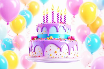 Colorful birthday cake with candles and sprinkles on a white background.