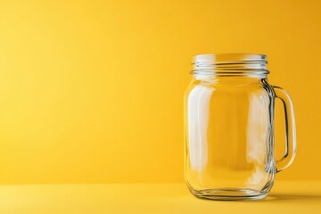 Clear mason jar with handle on yellow background. Use to display your product or create a mockup.