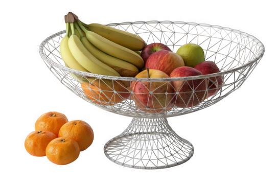 Wire Fruit Bowl with Bananas Apples Oranges and Pears on Transparent Background, AI Generated