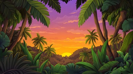 Tropical Sunset Paradise Lush Jungle Palm Trees