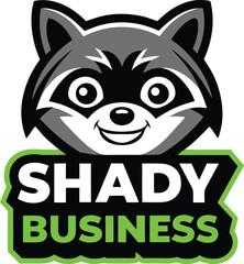 Cartoon raccoon logo with shady business text in green and black on a white background design visual