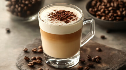 Delicious coffee served in a clear glass with a layer of frothy cream and cocoa on top, accompanied by whole coffee beans
