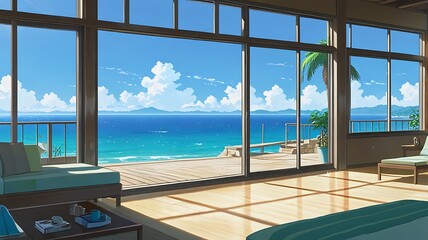Fototapeta premium Anime vacation home by the sea, large windows, warm glow