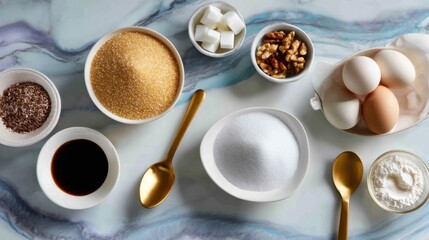 Top-down view of sugar on a marble table next to baking ingredients