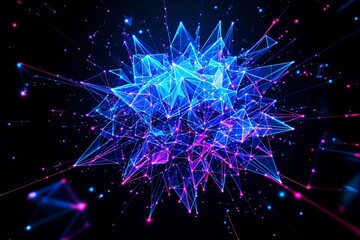 Fototapeta premium Abstract glowing polygonal structure with neon blue and pink light on dark background.