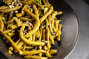 Green beans canned vegetables green string beans fresh delicious gourmet food background on the table rustic food top view copy space keto and paleo diet vegan and vegetarian food