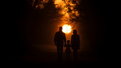 Fototapeta premium Silhouette of a family walking together towards a bright sunset in nature