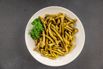 Green beans canned vegetables green string beans fresh delicious gourmet food background on the table rustic food top view copy space keto and paleo diet vegan and vegetarian food