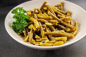 Green beans canned vegetables green string beans fresh delicious gourmet food background on the table rustic food top view copy space keto and paleo diet vegan and vegetarian food