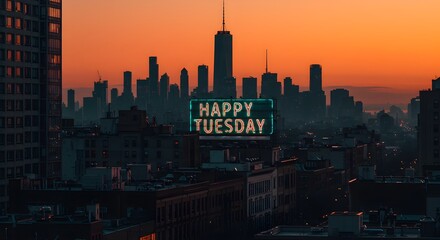 City Skyline Happy Tuesday Sign Orange Sky