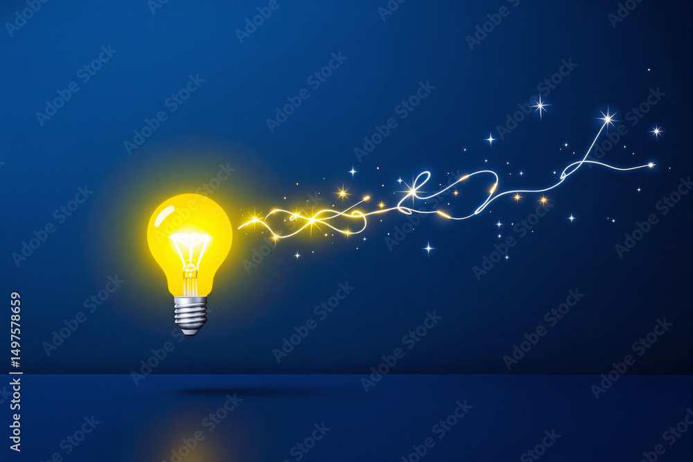 Poster glowing yellow light bulb with magical sparkles on a deep blue background.