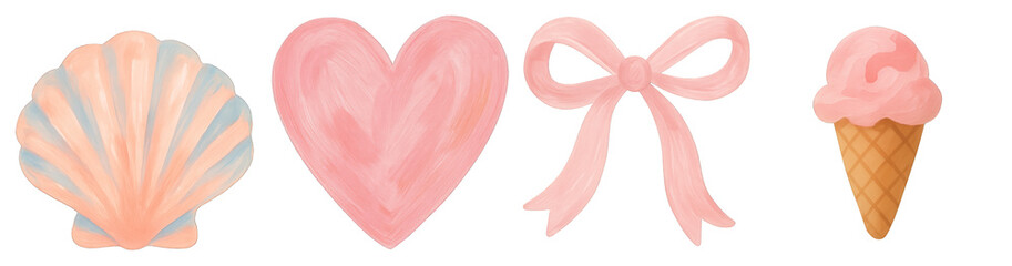 PNG Pastel icons: shell, heart, bow, and ice cream cone element set on transparent background.