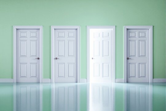 Abstract concept of choices with four closed white doors and one glowing door on a green wall background.