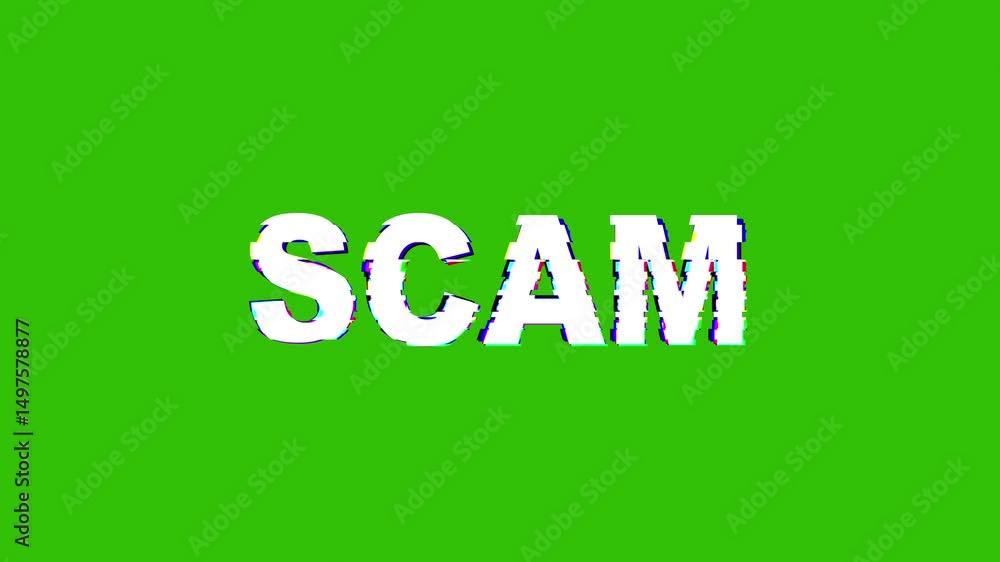 Poster scam alert glitch text abstract vintage twitched 4k loop motion animation . black old retro digital 